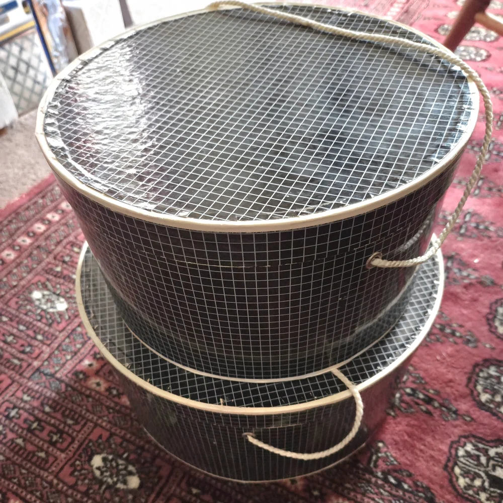 Dark Blue and White Grid Pattern Hat Boxes, Nesting Storage, Pair 2